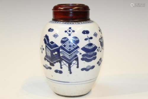 Chinese Blue and White Porcelain Jar with Wooden Lid