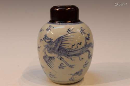 Chinese Blue and White Porcelain Jar with a Phoenix Decorati...