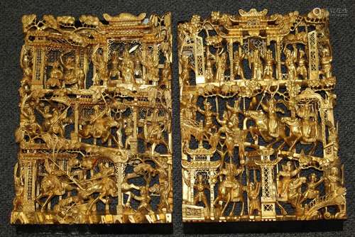 Pair of Chinese Gold Gilded Carved Wood Panels