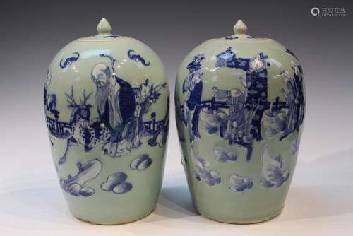 Two Chinese Celadon Glazed Blue and White Porcelain Jars wit...