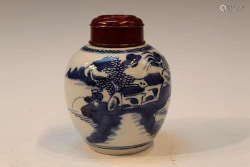 Chinese Blue and White Porcelain Jar with Wooden Lid