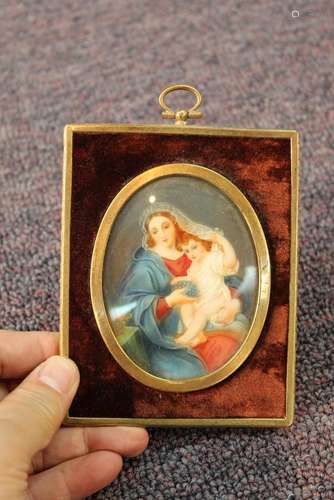 European Hand Painted Miniature Plaque with Frame