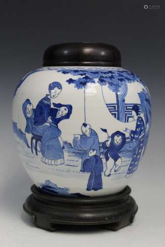 Chinese Blue and White Porcelain Jar with Wood Base and Lid