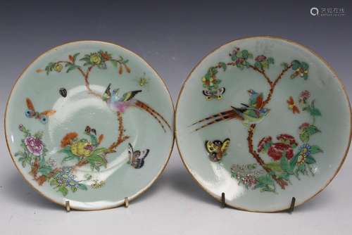 Two Chinese Famile Rose on Celadon Glaze Porcelain Dishes