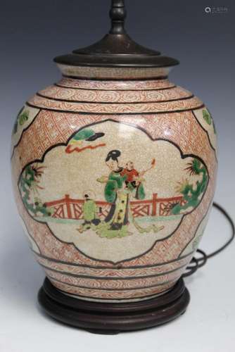 Chinese Famille Rose on Crackle Glaze Porcelain Jar Lamp