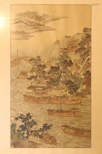 Chinese Watercolor and Ink Painting on Silk of a River Scene...