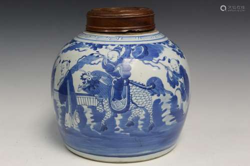 Chinese Blue and White Melon Jar with Wood Lid