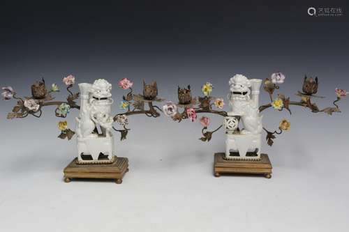 Pair of Dehua Chinese Blanc de Chine Porcelain Foo Dog Statu...