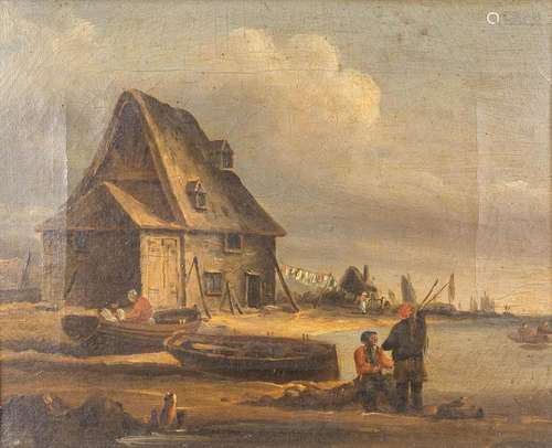 An antique painting 'Fishermen at the beach', oil ...