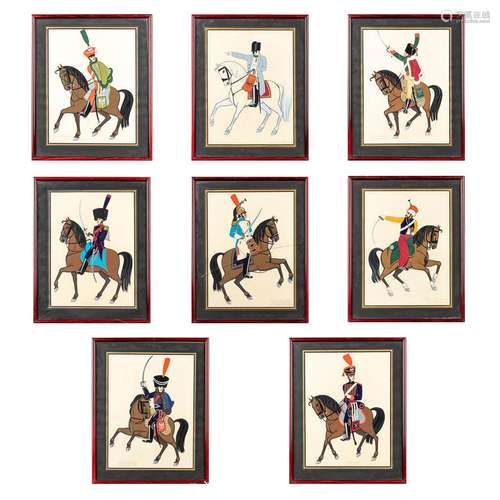 A collection of framed with hand-painted figurines on a hors...