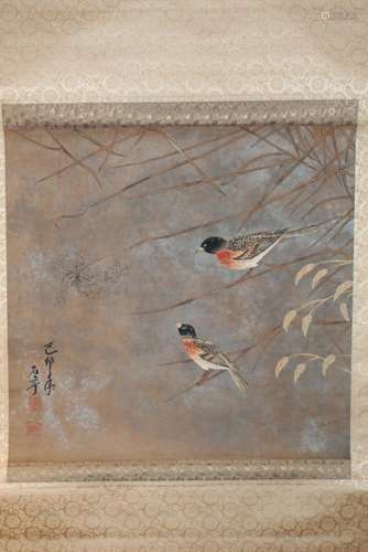 Chinese ink and water color painting on paper scroll of two ...