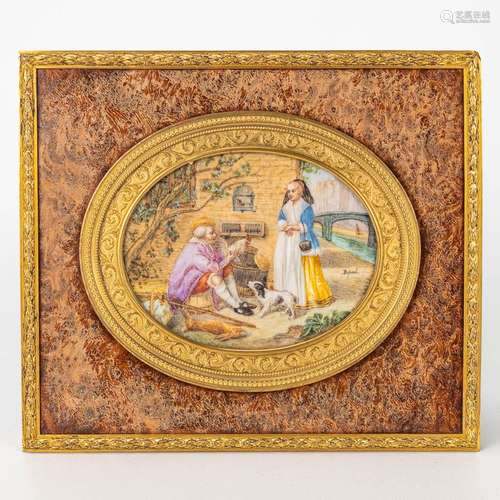 A framed miniature painting of a man holding a Chicken, a la...