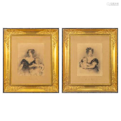 A pair of empire frames with prints 'une Jeune Veuve&#x...