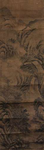 Chinese scroll of mountain scene.