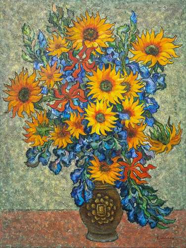 A painting of a flower vase, in the style of Vincent Van Gog...