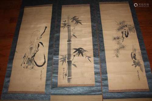 Set of three Japanese ink painting on paper scrolls.