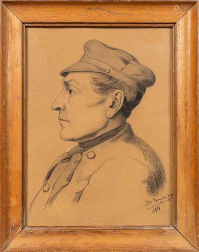 A drawing of a soldier, pencil on paper. Signed Jules De Bru...