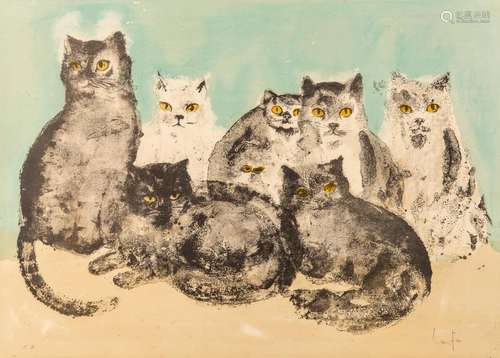 Leonor FINI (1907-1996) A coloured lithograph of 7 cats, mar...