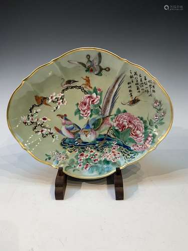 Chinese Porcelain Enamel Dish with Birds and Chinese Charact...