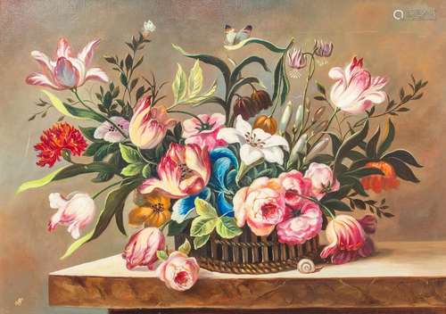 Monogrammed JS, a flower painting oil on canvas. 20th centur...