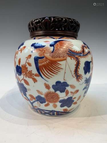 Chinese Blue and White with Coral Red Jar with Wooden Lid