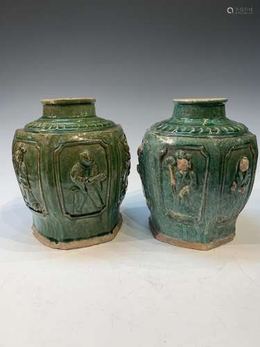 Pair of Chinese Green Glazed Jars