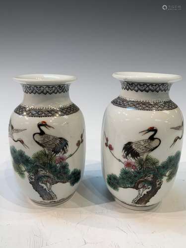 Pair of Chinese Porcelain Vases with Cranes on Trees