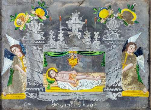 A reverse glass painting, 'Christ in the tomb' sid...