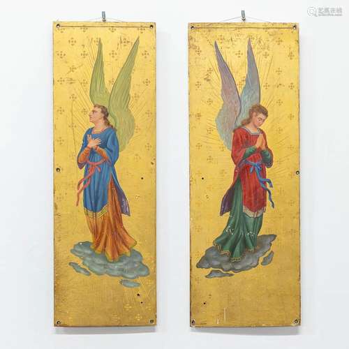 A pair of hand-painted neogothic-style panels with images of...