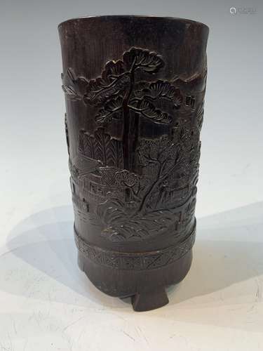 Chinese Bamboo Carved Brush Holder Pot