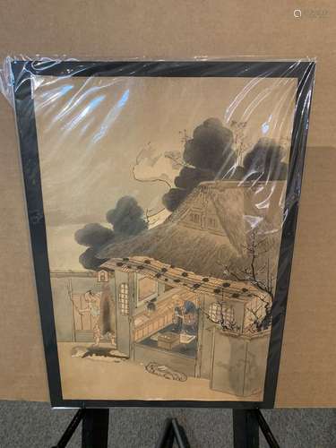 Japanese woodblock print of a Village Scene