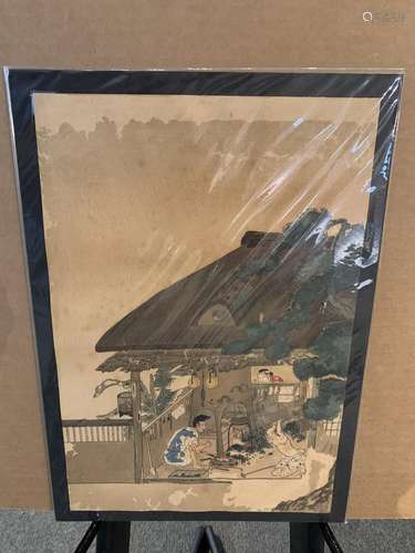 Japanese woodblock print of a Village Scene