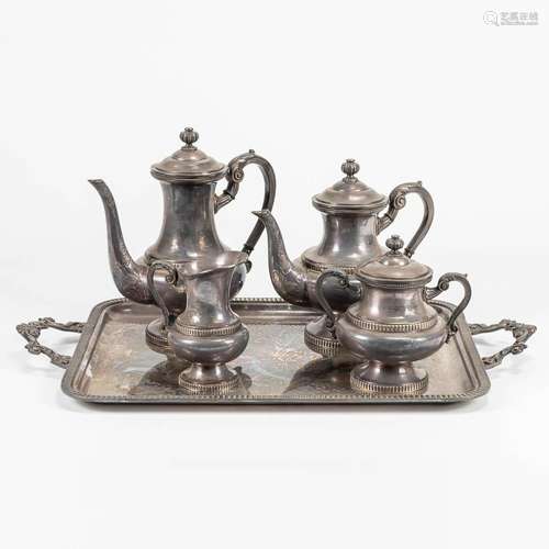 A silver-plated coffee and tea service, standing on a servin...