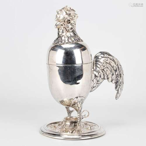 A bain-marie in the shape of a rooster, made of silver-plate...