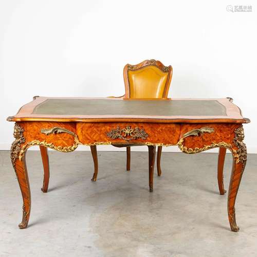 A desk and chair, mounted with bronze in Louis XV style and ...