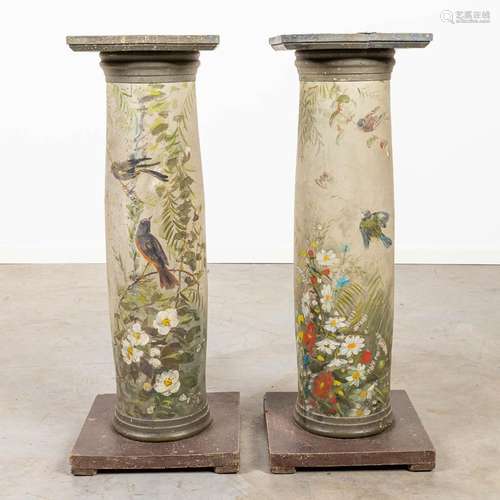 A pair of pedestals, decorated with hand-painted birds and f...