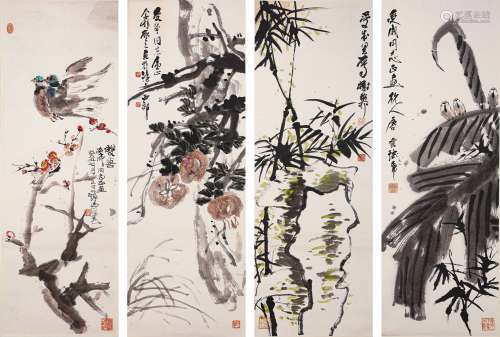 谢稚柳、程十发、唐云、王个簃（邱受成同一上款）山水花卉共四屏（lot1...