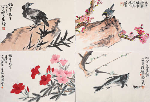 萧淑芳、程十发、李苦禅、陈佩秋（炳宇同一上款）花鸟花卉四开（lot112...