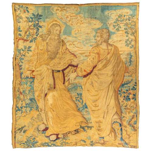 A biblical fragment of a tapestry, with 2 figurines. Made in...