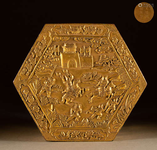 清 铜鎏金人物六角盒
