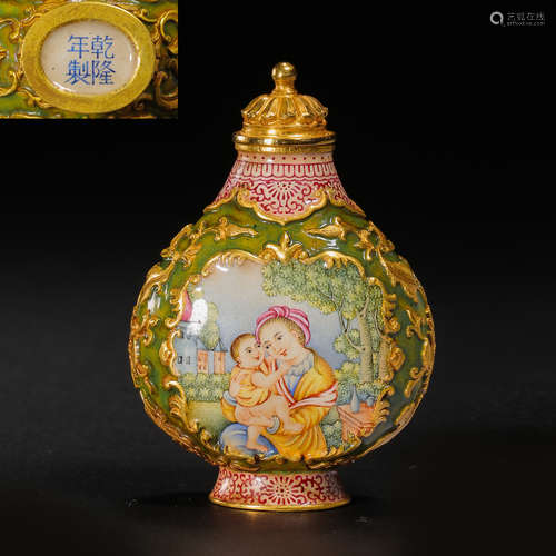 QING DYNASTY CHINESE QIANLONG PURE GOLD ENAMEL SNUFF BOTTLE