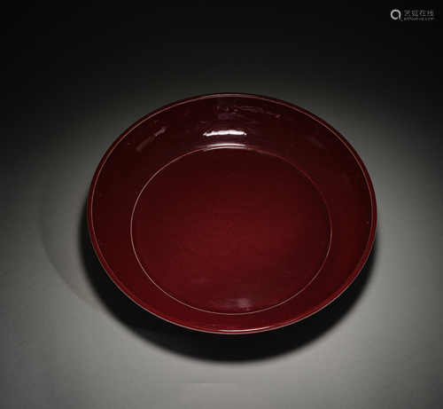 Qing Dynasty red glaze carving dragon grain large plate