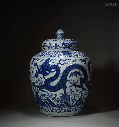 Blue and white dragon grain big pot