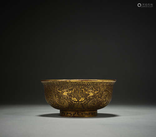 Ancient Chinese bronze gilt dragon grain bowl