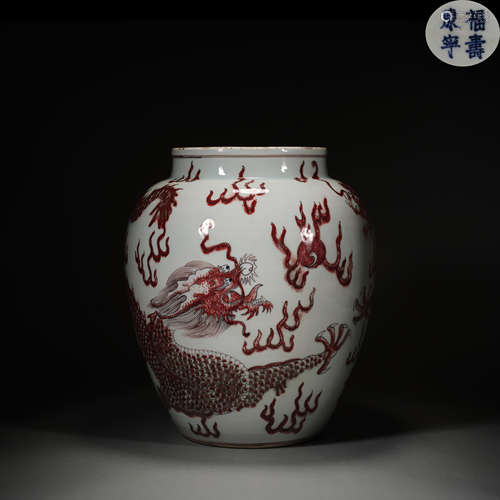 Large pot of red dragon pattern in the glaze