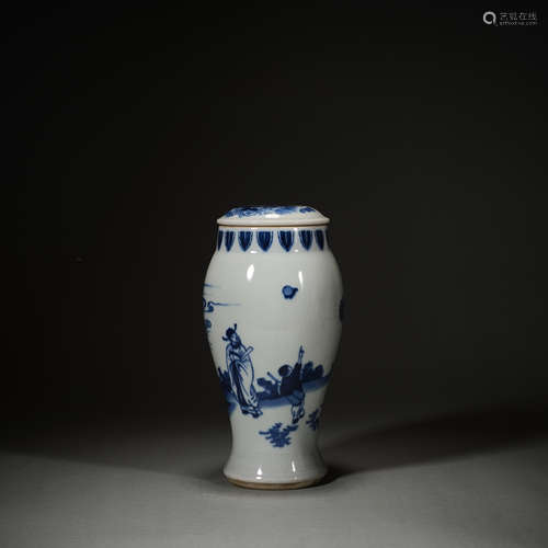 Blue and white characters with a covered jar