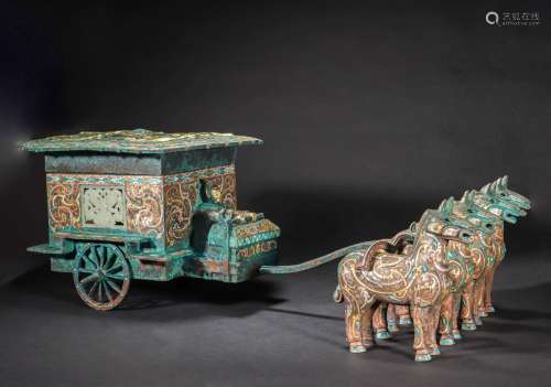 CHINESE BRONZE CARRIAGE INLAID WITH GOLD, HAN DYNASTY