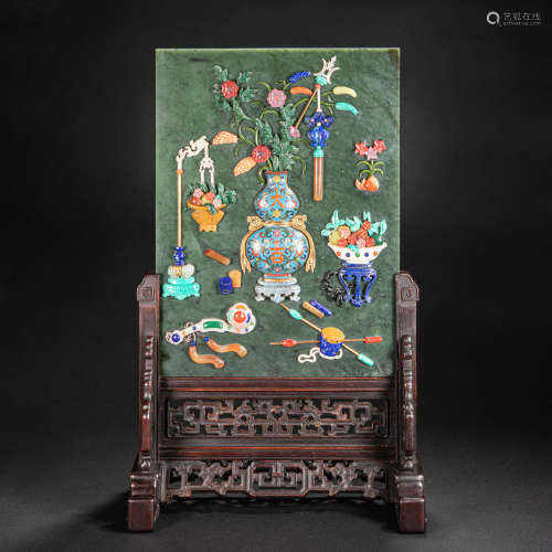 CHINESE JASPER INLAID WITH MULTI TREASURE SCREEN, QING DYNAS...