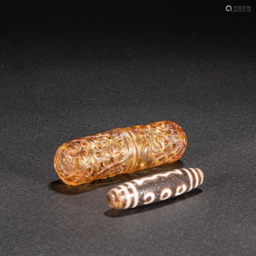 CHINESE DZI BEAD WITH GLASS BOX, TANG DYNASTY