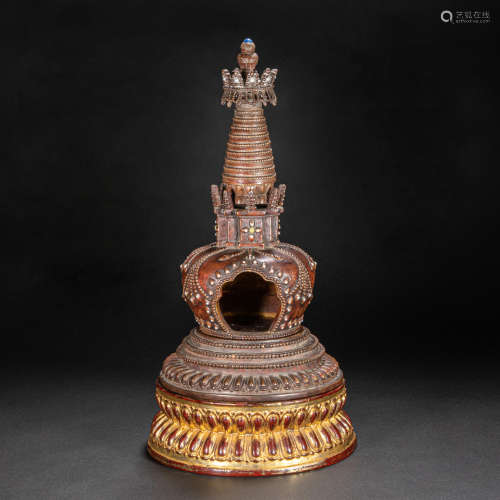 CHINESE ALOES WOOD PAGODA INLAID WITH PRECIOUS STONES, QING ...